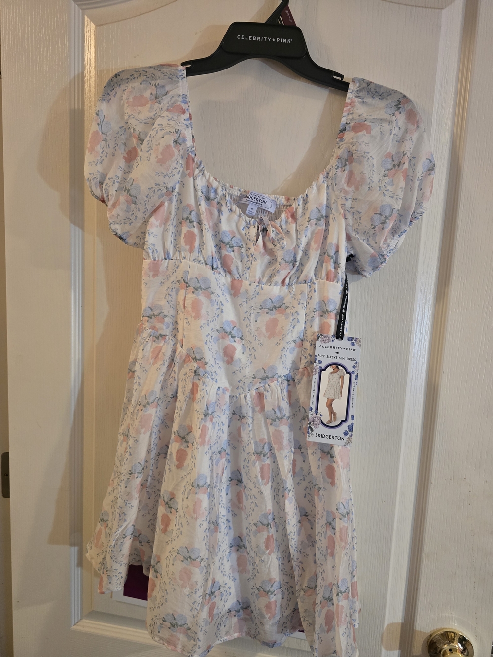 Celebrity Pink Girls Floral Puff-Sleeve Dress in White, Pink & Blue